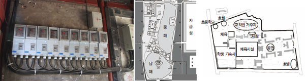 (왼쪽부터)문도에 붙어 있는 두꺼비집<사진4></div>.중남해 <지도1>.베이징 이공대학 <지도2>