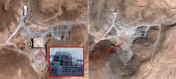2007년 이스라엘이 폭격한 시리아 핵시설. 오른쪽은 이스라엘 공습 후 핵시설이 사라진 인공위성 사진이다. ⓒphoto AP