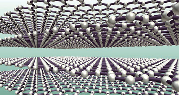 그래핀은 한 층의 탄소 원자가 평면에서 벌집 모양으로 연결된 물질이다. 그림에서는 여러 층의 그래핀이 그려졌다.