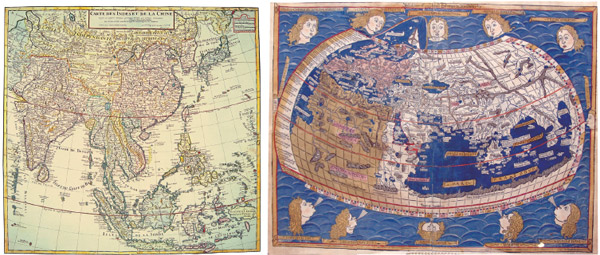 혜정박물관이 소장 중인 18세기 아시아 지도(왼쪽). 동해를 ‘MER ORIENTALE’(동방해) 혹은 ‘MER DE COREE’(조선해)로 표기했다. 프톨레마이오스 지도(오른쪽). 150년경에 만들어진 세계지도다. ⓒphoto 혜정박물관