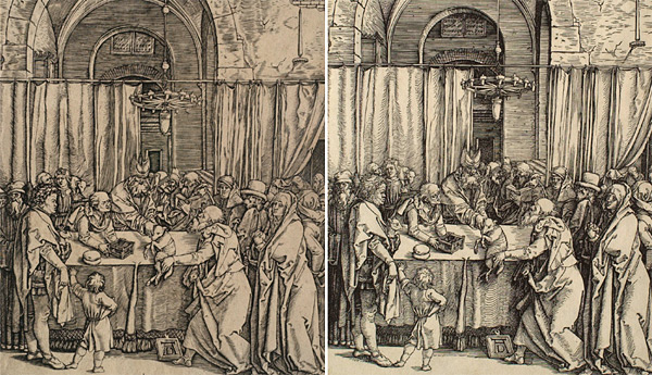 뒤러의 판화(왼쪽, 요아킴의 제물이 거절당하다, c. 1504)를 모사한 라이몬디의 판화(오른쪽).