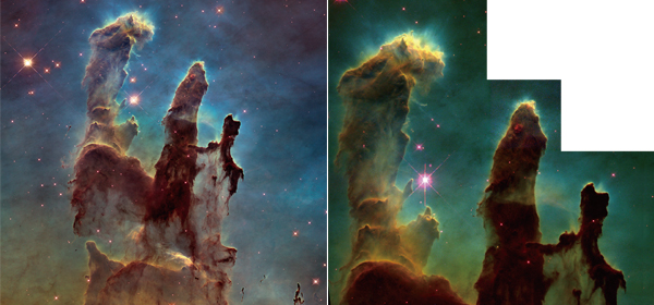 독수리 성운의 일부, 일명 ‘창조의 기둥’1995년 허블 우주망원경의 WFPC2로 촬영한 것(오른쪽)과 20년 후인 2014년에 새로운 카메라인 WFPC3로 촬영한 것. photo NASA, ESA, and the Hubble Heritage Team(STScI/AURA)(2014년) / NASA, ESA, STScI, and J. Hester and P. Scowen(1995년)