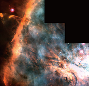 오리온 대성운의 일부를 허블 우주망원경이 촬영한 사진<br>방울처럼 보이는 것들이 아기별들이다. 이 아기별들은 대개 제트와 원시 행성 원반들을 동반하고 있다. 아기별 주변에는 가스와 먼지로 이루어진 원반이 접시처럼 돌고 있는데, 허블 우주망원경은 오리온 대성운에서 이러한 원반을 다수 발견하였다. photo photo C.R. O’Dell, NASA, ESA and L. Ricci