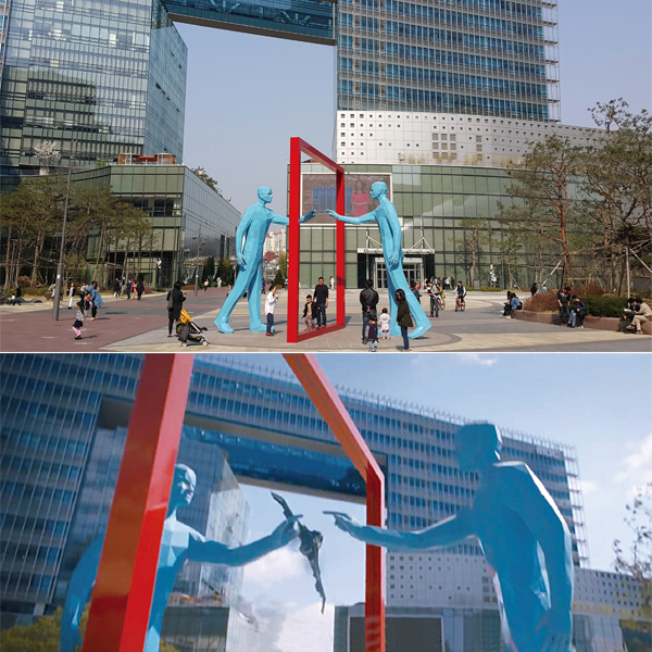 서울 상암동 MBC 사옥 앞의 ‘월드 미러’.(위) photo 이민형<br></div>영화 ‘어벤져스2’의 한 장면.(아래)