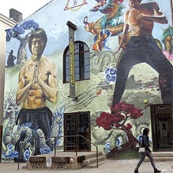 윌리엄스버그 다리 인근 브루클린 거리의 벽면을 장식하고 있는 홍콩의 액션스타 브루스 리 그림. 윌리엄스버그 다리는 브루클린과 차이나타운을 연결한다. 브루스 리, 즉 이소룡은 뉴욕 젊은이 사이에서 여전히 인기다.