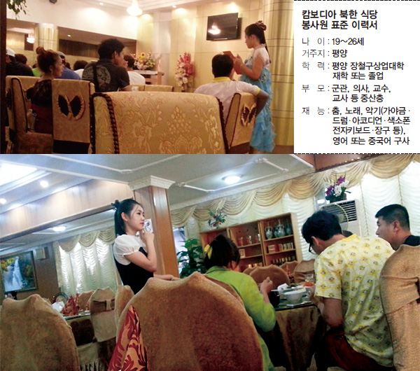 프놈펜 북한 식당서 손님들 시중을 들고 있는 봉사원들. 손님들이 식사하는 도중 옆에 붙어서서 말 상대를 해준다.