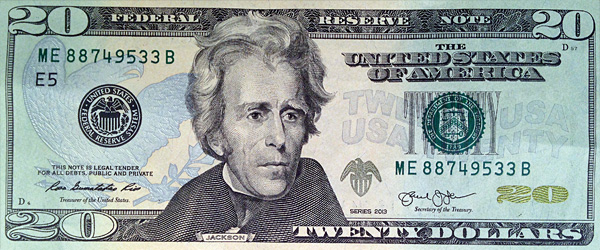20달러 지폐 앞면의 앤드루 잭슨.
