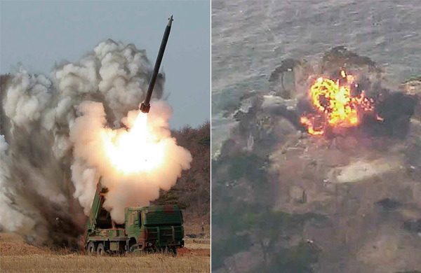 지난 3월 4일 북한이 공개한 300㎜ 방사포 시험 장면.