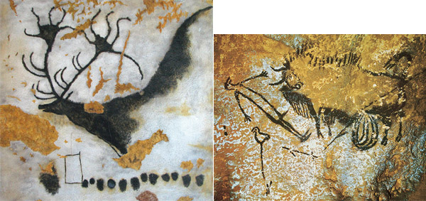 라스코 동굴벽화의 ‘사슴’(왼쪽)과 ‘새의 가면을 쓴 인간’.