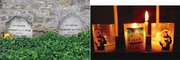 오베르 쉬르 우아즈의 고흐 묘지(위)와 오베르 쉬르 우아즈에서 만난 고흐 작품의 촛불. ⓒ이승원