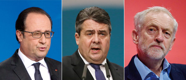 (왼쪽부터) 프랑수아 올랑드 프랑스 대통령 photo 뉴시스 / 지그마어 가브리엘 독일 사민당 대표 photo 뉴시스 / 제러미 코빈 영국 노동당 대표