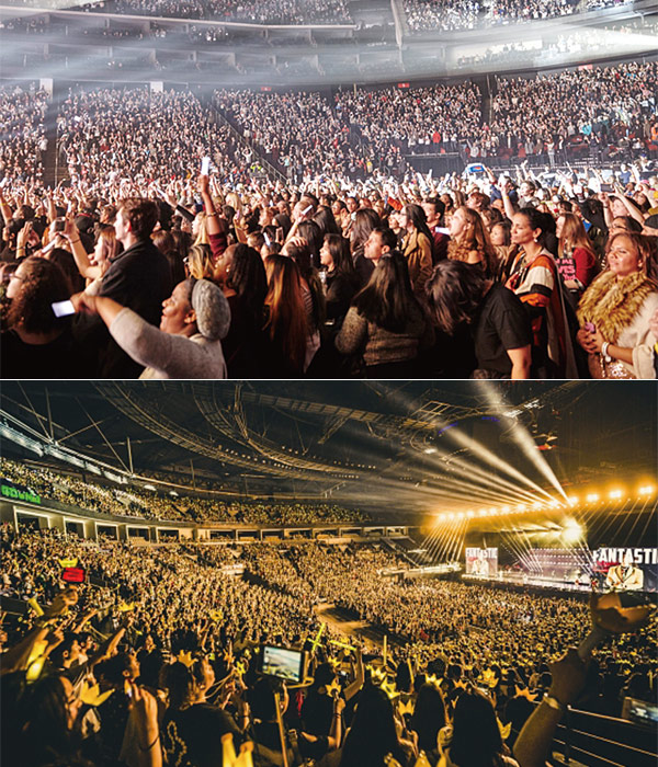 지난 2월 열린 엑소의 밴쿠버 콘서트(위)와 지난 8월 6만5000명의 관객이 모인 빅뱅 10주년 콘서트(아래).