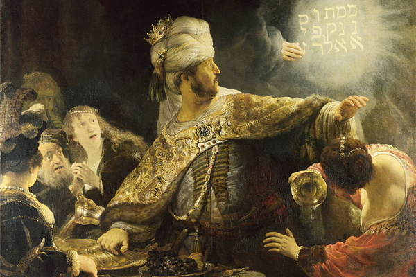 렘브란트의 그림 ‘벨사살의 연회’. 바빌론이 페르시아 키루스에 의해 멸망할 것이라는 신의 계시를 묘사했다.