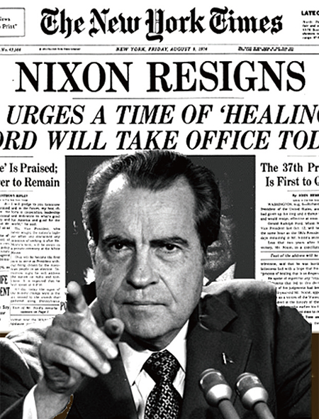 닉슨 대통령 하야를 보도한 뉴욕타임스.(1974년 8월 9일자) 닉슨의 하야는 워터게이트 사건 자체보다 거짓말이 치명타가 됐다.