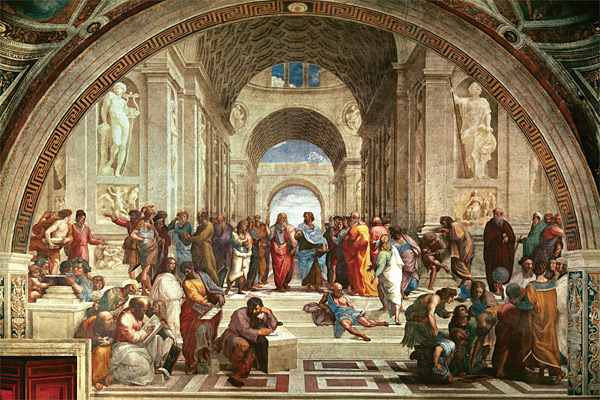 라파엘로의 그림 ‘아테네 학당’. 가운데 흰 수염을 기른 사람이 플라톤, 그와 대화하는 사람이 아리스토텔레스다.