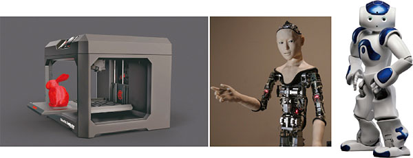 (왼쪽부터) 3D 프린터 photo 브륄레코리아 / 일본 오사카대의 휴머노이드 로봇 ‘얼터’ photo 뉴시스 / IBM의 인공지능 로봇 ‘나오미’ photo IBM