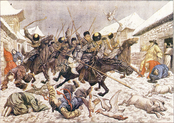 <b></div>한국인 마을을 약탈하는 러시아군(46쪽)</b> 코사크족 출신의 기마병들이 국경 부근의 한국인 마을을 습격하고 있다. 길거리에는 돼지, 닭들이 놀라 도망치고 겁에 질린 사람들은 목숨을 구걸하는 듯 땅에 무릎을 꿇고 애원하는 모습이다. 이 화보가 실린 것은 1904년 3월 27일. 시기적으로는 러일전쟁 초기니까 아마도 코사크족 출신 러시아군들이 식량 약탈을 위해 마을을 습격하는 것으로 짐작된다. 르 프티 주르날 1904년 3월 27일