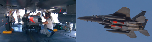 항공기 정비사가 F-15E 전투기에 B61-12 전술핵폭탄을 탑재하고 있다. B61-12는 주한미군에 전술핵이 전개될 경우 배치 가능성이 가장 높은 핵폭탄이다. 2020년 실전배치 예정이다. ⓒphoto 유튜브