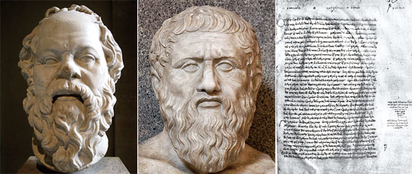(왼쪽부터) 소크라테스. 플라톤. ‘소크라테스의 변명’(필사본)