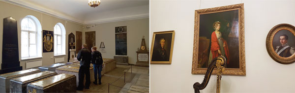 (좌) 넵스키 수도원 묘지에 위치한 셰레메테프 가문의 묘역. (우) 셰레메테프 궁전에 있는 니콜라이, 프라스코비야, 드미트리의 초상화.