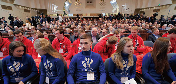 러시아 동계올림픽 선수들이 지난 12월 12일 모스크바에서 열린 2018 평창 동계올림픽 선수단 대회에 참석하고 있다. ⓒphoto 연합