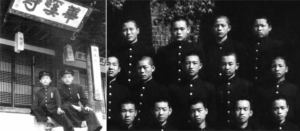 (좌) 서울사대부중 시절 이건희(오른쪽)가 수유리 화계사에 놀러 가서. (우) 서울사대부중 시절 급우들과 단체사진을 찍은 이건희(윗줄 왼쪽에서 두 번째).