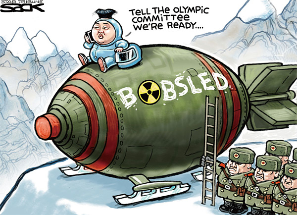 미국 미네소타주의 지역신문 스타트리뷴에 실린 김정은의 평창 동계올림픽 참가를 풍자한 삽화.
