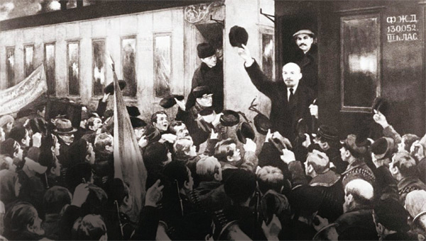 ‘디 벨트’지에 실린 그림. 레닌이 페트로그라드 핀란드역에 도착해 환영을 받는 장면을 묘사했다.
