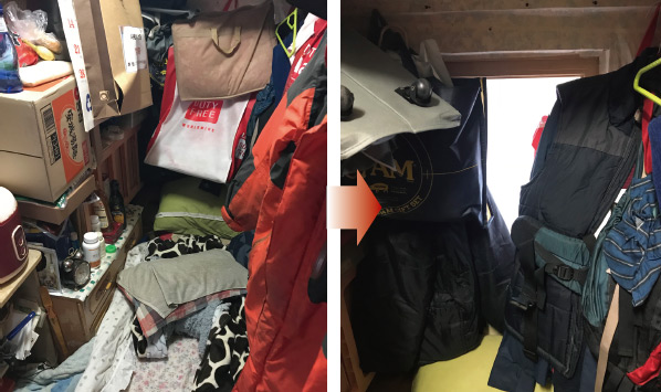 (좌) 쪽방 내부 모습. (우) 갖가지 옷과 가방으로 밖에서 들어오는 냉기를 막고 있다.