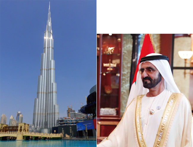 두바이의 아미르(통치자)인 무함마드 빈라시드 알 막툼(오른쪽)과 UAE의 상징물인 부르즈칼리파. ⓒphoto 뉴시스
