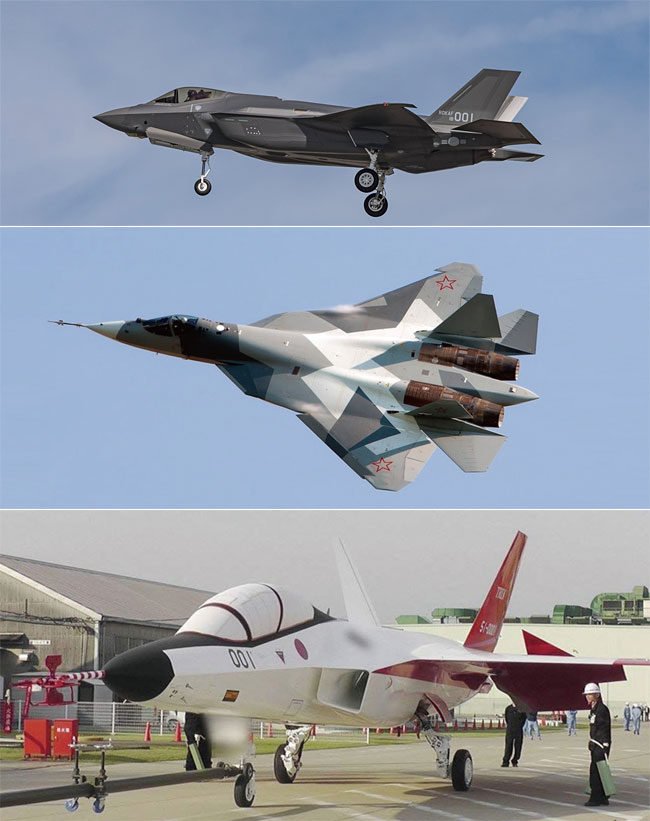 (위쪽부터) 대한민국 F-35A. 러시아 SU-57.  일본 X-2 심신 스텔스 시험기.
