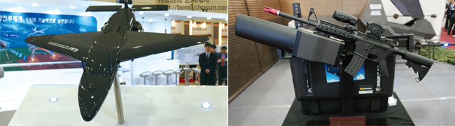 (좌) KAI(한국항공우주산업)의 자폭형 무인기 ‘데빌 킬러’. (우) 드론을 무력화하는 드론 스나이퍼.