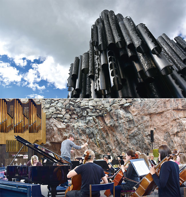 (위) 시벨리우스공원 모뉴먼트. (아래) 암벽 교회 안에서 음악을 연주하는 오케스트라.