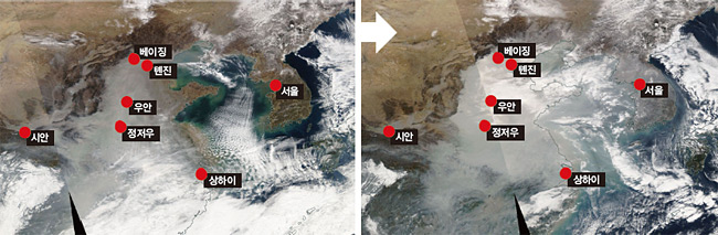 2014년 1월 중국 동부지역에서 생성된 고농도 스모그가 한반도에 영향을 끼치는 모습. 왼쪽이 1월 13일, 오른쪽이 1월 17일 위성사진이다. 자료: 구글맵