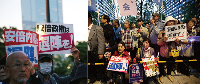 지난 4월 19일 일본 도쿄에서 열린 집회 현장에서 아베 정권의 퇴진을 요구하는 참가자의 대부분은 나이 지긋한 노인들이었다. ⓒphoto 서경리 탑클래스 기자