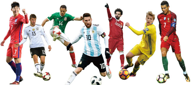 사진 왼쪽부터 손흥민 한국대표팀, 토마스 뮐러 독일 대표팀, 하비에르 에르난데스 멕시코 대표팀, 리오넬  메시 아르헨티나 대표팀, 모하메드 살라 이집트 대표팀, 에밀 포르스베리 스웨덴 대표팀, 크리스티아누 호날두 포르투갈 대표팀 ⓒphoto 뉴시스