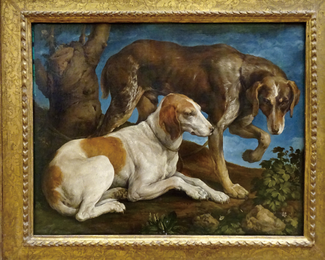 바사노의 그림 ‘두 마리의 사냥개’. 인류 최초의 동물 초상화로 명명된 이 그림은 파리 루브르박물관 ‘모나리자’ 그림 바로 옆에 걸려 있다.