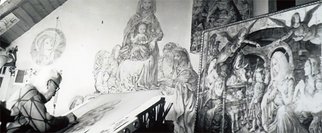 만년의 후지타. 80세 들어 90일간에 걸쳐 교회 성화 프레스코 제작에 들어간다.