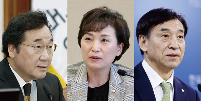 한은 기준금리 인상을 압박한 이낙연 국무총리(왼쪽), 김현미 국토교통부 장관(가운데), 오른쪽은 이주열 한국은행 총재.