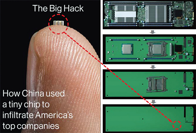 중국이 미국 주요 기업 해킹을 위해 전산 서버에 심어놓은 초소형 스파이칩(왼쪽 사진). 이 칩은 쌀알 크기보다도 작아 육안으로 쉽게 알아볼 수가 없다. ⓒphoto 블룸버그비즈니스위크