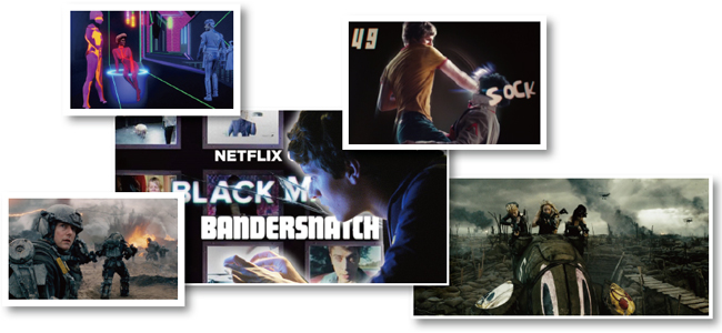 넷플릭스 영화 ‘밴더스내치’(가운데)와 영화 ‘트론’ ‘엣지 오브 투모로우’ ‘써커펀치’ ‘스콧 필그림 vs 더 월드’(왼쪽 위부터 시계 방향).