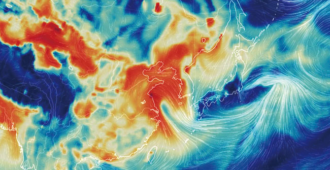 세계 기상 정보를 보여주는 비주얼 맵 어스널스쿨. 중국의 대기 상황이 매우 나쁨인 붉은색을 띠고 있다. ⓒphoto 뉴시스