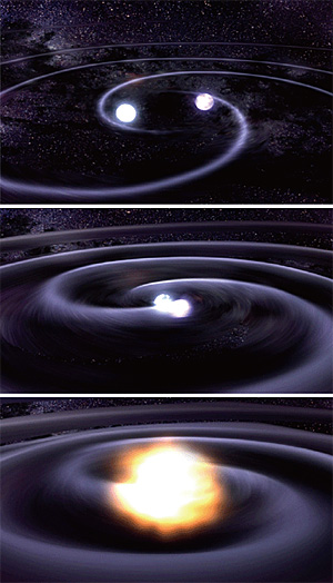 2개의 천체가 합해지는 가상도. 원 모양이 중력파. ⓒphoto LIGO