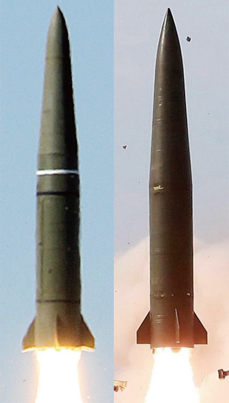 이스칸데르-M(왼쪽)과 북한이 지난 5월 4일 발사한 미사일. 꼬리와 탄두만 약간 다르다. ⓒphoto 쉴러 트위터