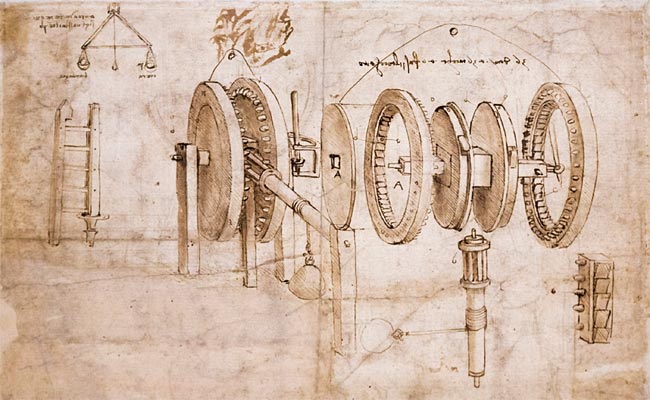 이탈리아 로마에서 열리고 있는 ‘레오나르도 다빈치: 과학 이전의 과학’ 전시회에 선보인 다빈치 스케치. 수동식 레버 윈치(Manual lever winch)라는 제목이 달려 있다. ⓒphoto 뉴시스