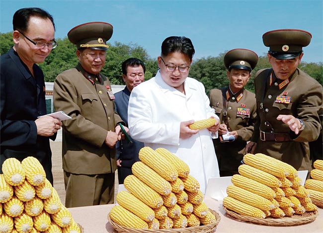 2016년 9월 김정은이 자신이 현지 지도한 농장에서 수확한 옥수수를 보고 흐뭇한 미소를 짓고 있다. ⓒphoto 조선중앙TV