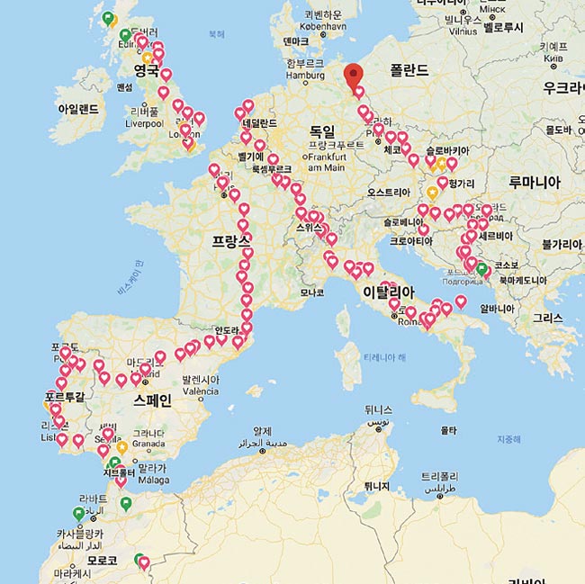 박영아씨가 7개월간 자전거로 달린 지역을 표시한 구글맵 지도. ⓒphoto 박영아