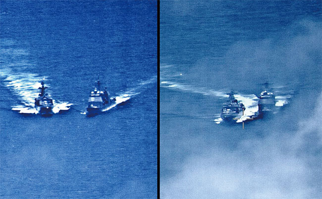 미국 챈슬러빌호(오른쪽)와 러시아 비노그라도프호가 지난 6월 7일 동중국해에서 충돌할 뻔한 사건이 발생했다. ⓒphoto 미국 해군