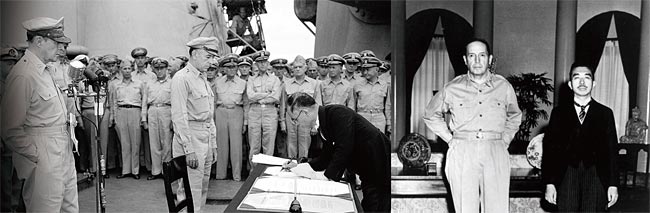 1945년 9월 2일 일본 외무대신 시게미쓰 마모루가 USS미주리호에서 항복 문서에 서명하고 있다.(왼쪽) 패전 후 연합군 최고사령부(GHQ) 총사령관 맥아더를 방문한 히로히토.