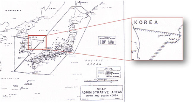 1946년 1월 도쿄의 연합군최고사령관이 일본과 한국의 관할 구역을 나눈 연합국최고사령관지령(SCAPIN) 제677호의 부속지도. 독도를 ‘TAKE’로 표시하고 명료하게 한국 관할에 포함시켰다.